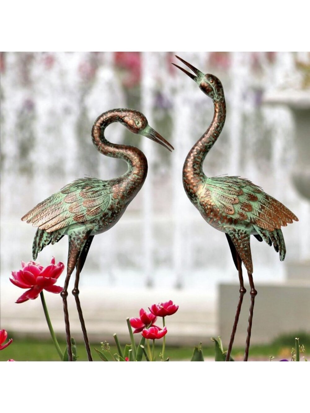 Life-Size Metal Heron Garden Statue Set | Handmade Crane Decor for Indoor